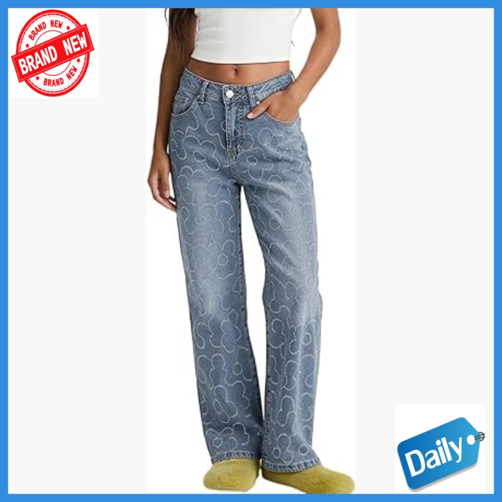 Wide Leg Denim Jeans High Waist Stretch Floral Pattern Baggy Pants